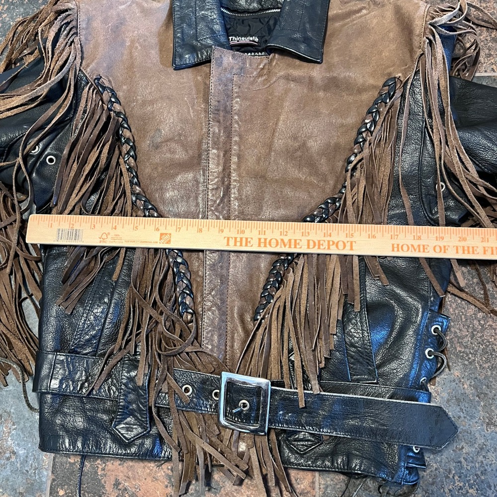 Vintage Wilsons Leather Fringe Jacket Womens S Black Brown Motorcycle Biker 90s - Picture 14 of 16